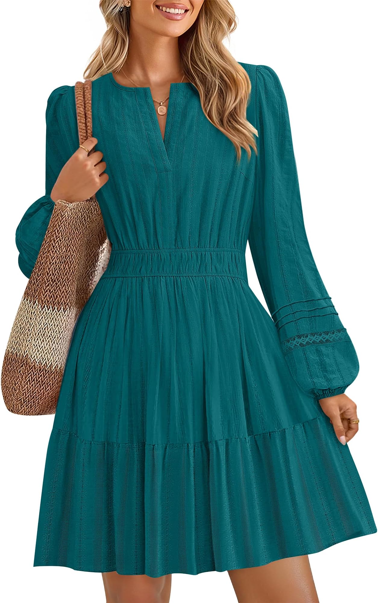 Fall Long Sleeve Mini Dresses for Women 2025 Lightweight V Neck High Waist A Line Flowy Swing Casual Party Dress
