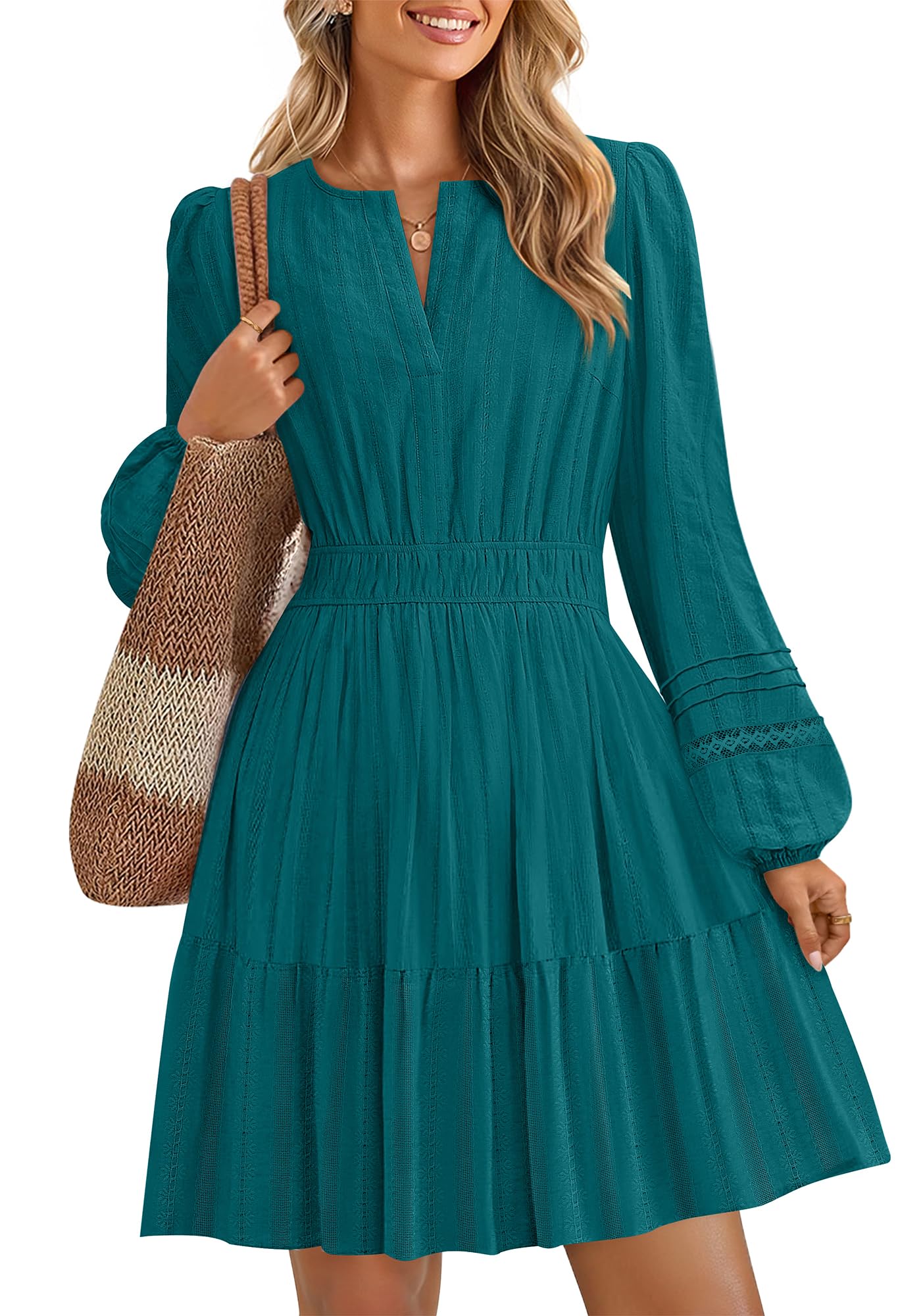 Fall Long Sleeve Mini Dresses for Women 2025 Lightweight V Neck High Waist A Line Flowy Swing Casual Party Dress