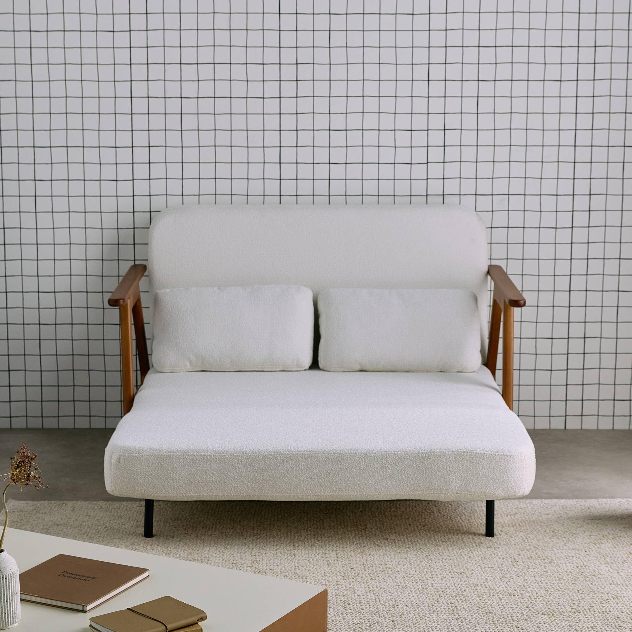 Sweeek Divanetto Per Bambini Isak Kids 2 Posti – Legno Di Hevea E Tessuto Bouclé, 84x43.5x50 Cm, Bianco, Seduta Comoda E Stabile, Design Moderno Per Cameretta