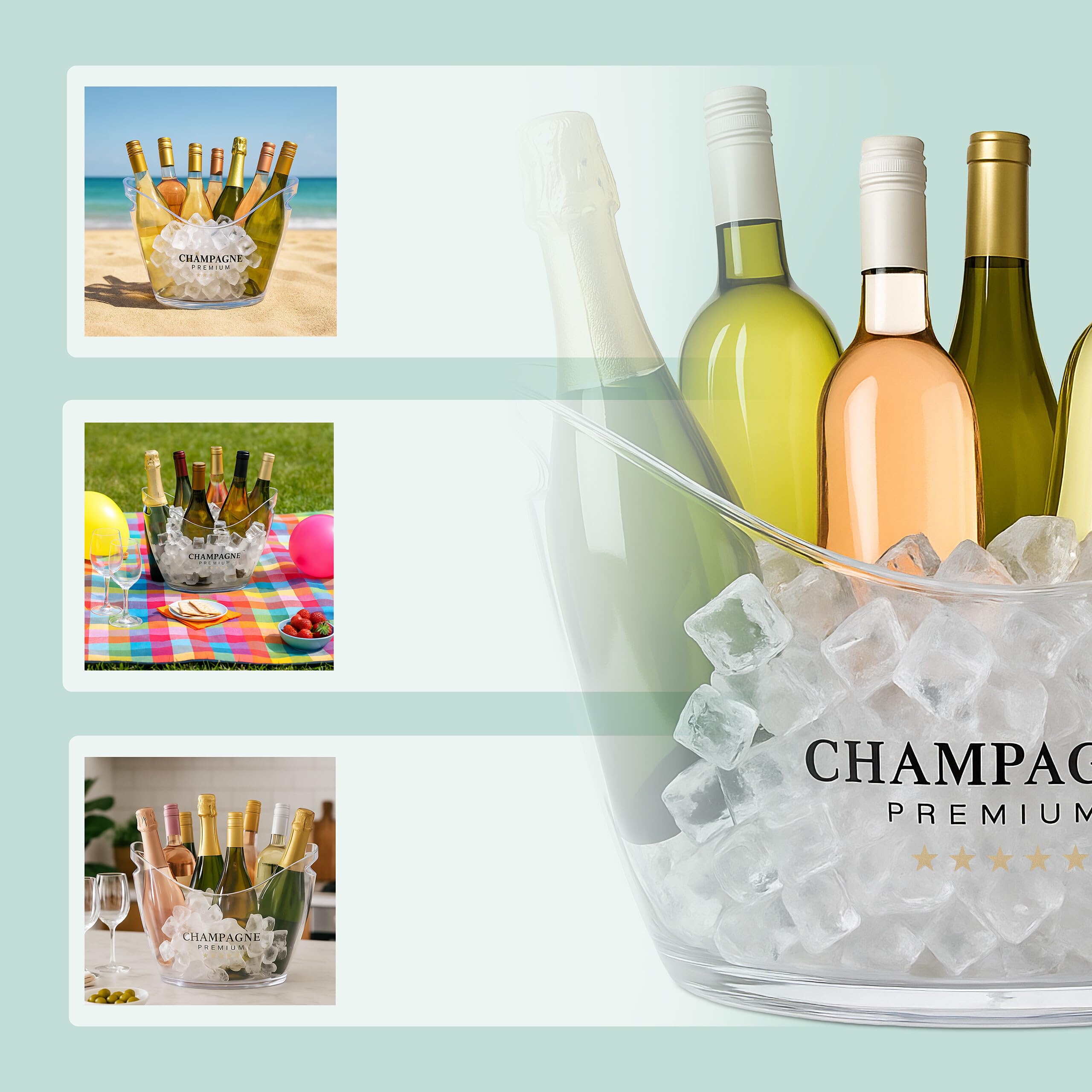 Set de 4 cubiteras Relaxdays, recipiente con asas, 8 l, transparente | Enfriador de botellas para cava, champán y vino, de plástico