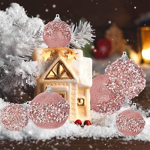 Miniatura 5 de Poen Juego de 24 adornos de bolas de Navidad con brillantina para colgar en el árbol de Navidad, bolas de Navidad de espuma con lentejuelas, Oro rosa
