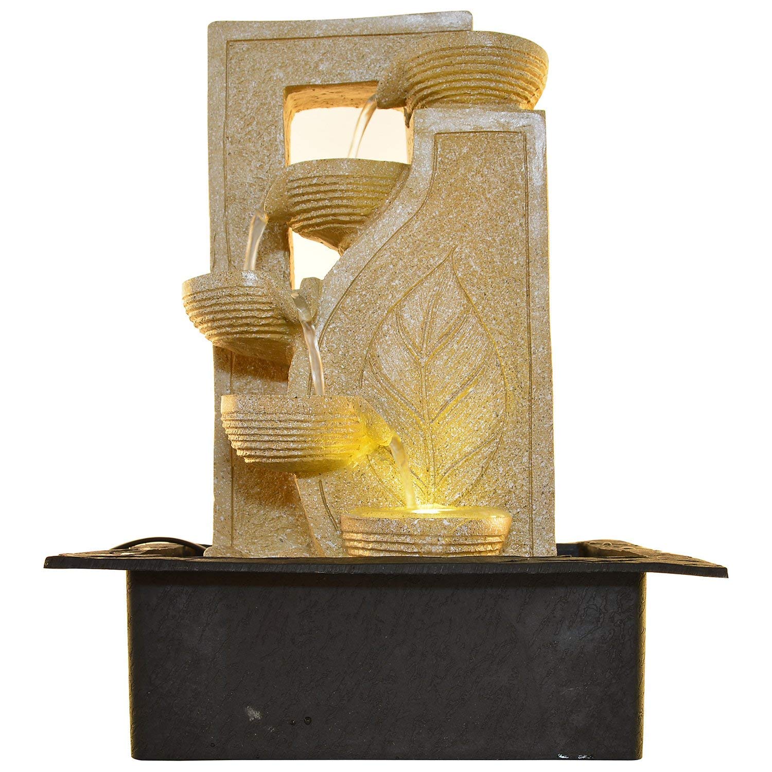 Saraswati Creations Resin Tabletop Indoor Water Fall Beautiful Decorative Polyfiber Water Fountains With Led Lights For Living Room Home Decoration (Yellow Leaf)-image-30
