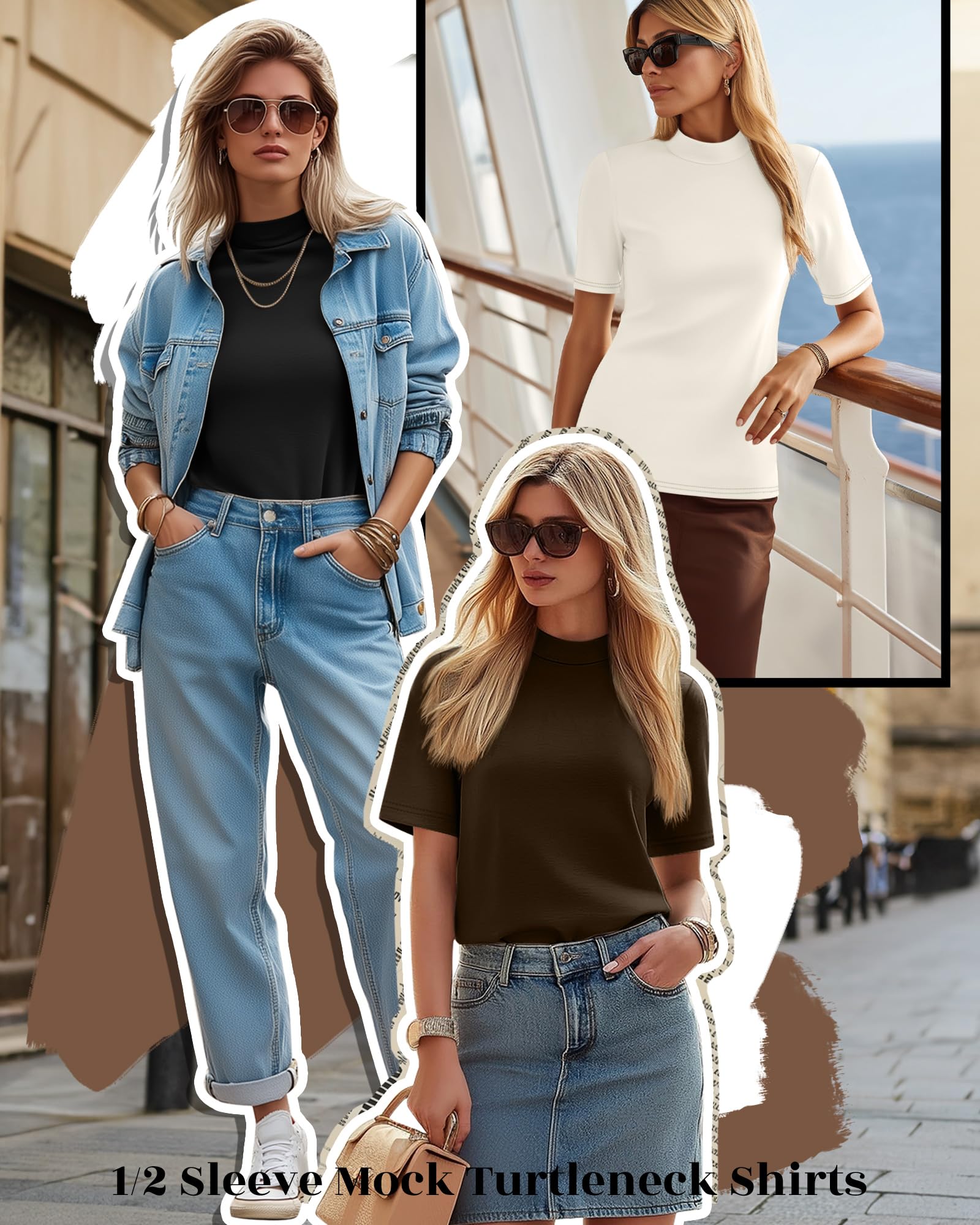 Ficerd Lot de 3 T-Shirts à Manches Courtes et Col Roulé pour Femme, Tuniques Basiques d'Été Décontractées