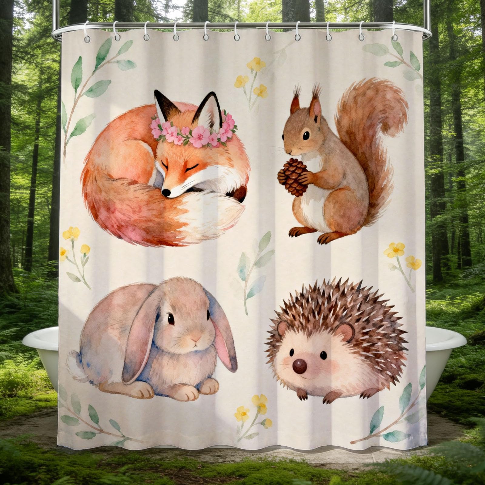 Hongduo 3D Watercolor Forest Wildlife Shower Curtain for Stalls Bathtubs Kids Bathroom Decor Shower Curtain Set Polyester Fabric Waterproof 200x200cm/79X79 Inch with Hooks