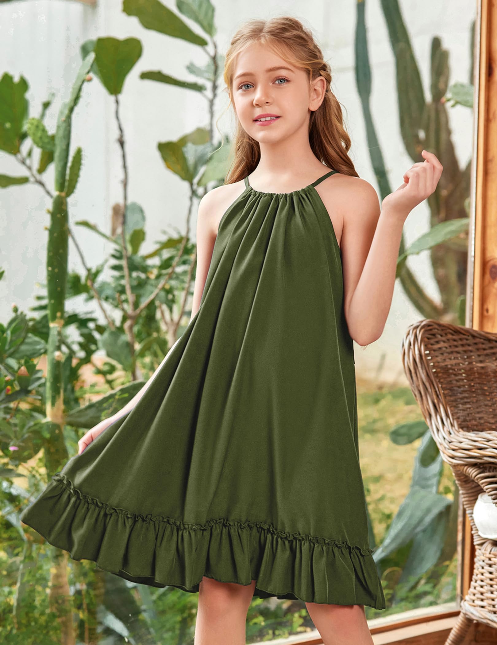 Arshiner Vestido para Niña Verano Midi Volantes Corte A Cuello Halter Fiesta con Cinturón 6-14 Años