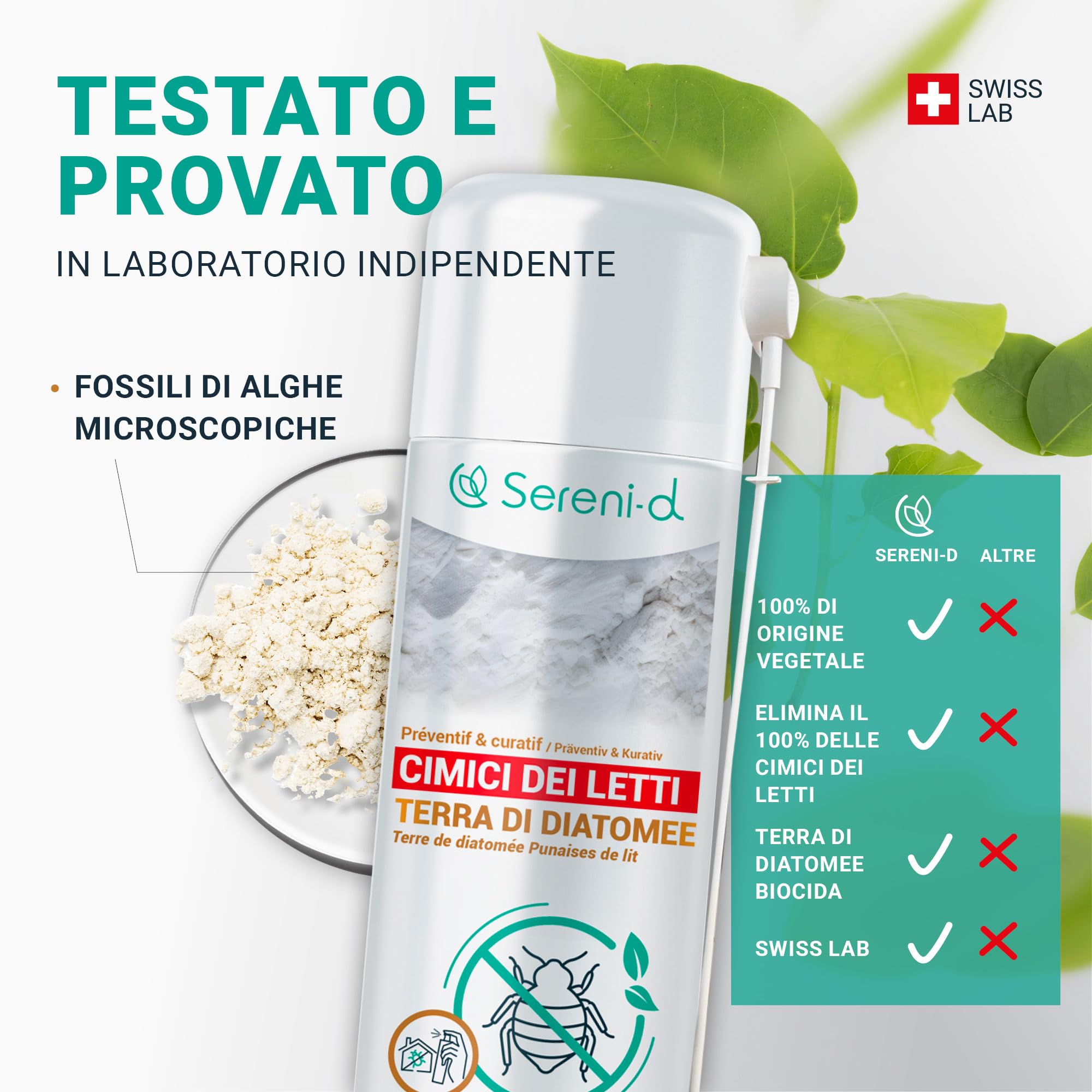 TERRA DI DIATOMEE CIMICI DA LETTO – AEROSOL ANTI CIMICI DA LETTO – EFFICACIA FULMINANTE – Ingredienti 100% naturali - Azione IMMEDIATA ed EFFICACE - Swiss Lab