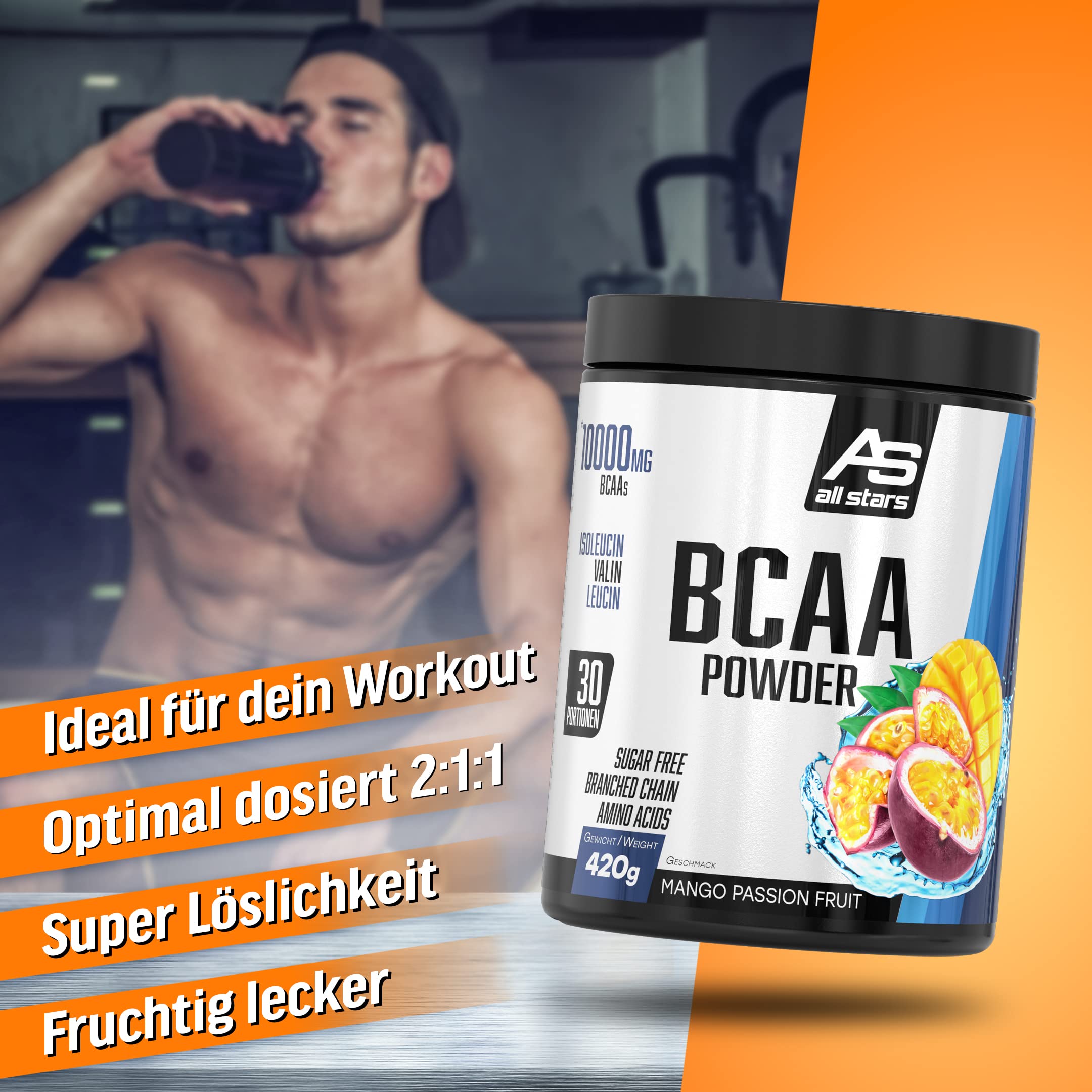 ALL STARS BCAA Powder 420g Passion Fruit - BCAA Pulver vegan und zuckerfrei, Enthält 5000mg Leucin, 2500mg Valin und 2500mg Isoleucin, Aminosäuren Komplex hochdosiert (Packung mit 2)