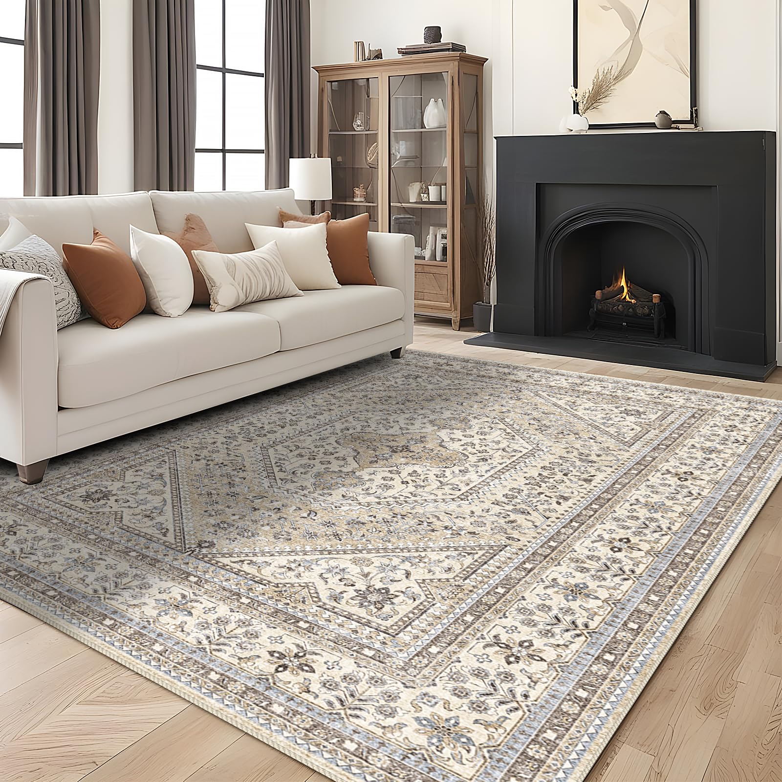 5x7 washable vintage rug: oriental rugs for living room non slip backing stain resistant large indoor carpet for bedroom area rug dining room decor(beige,5x7ft)