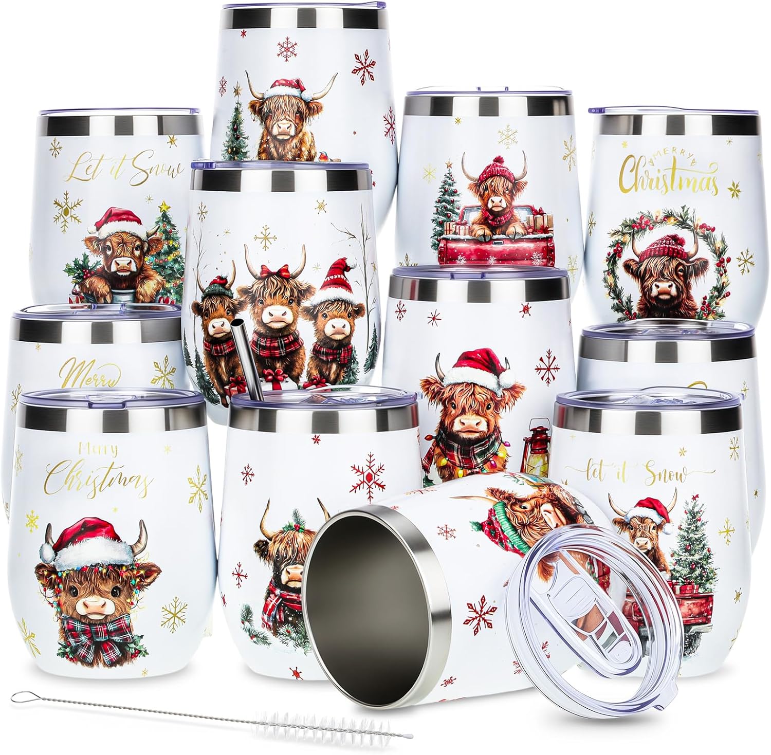 meekoo 12 Sets Christmas Wine Tumbler 12oz Stainless Steel Vacuum Insulated Winter Coffee Mug Stemless Xmas Wine Glasses Holiday Gift for Teacher Coworker Friend Travel Party(Pink Christmas)
