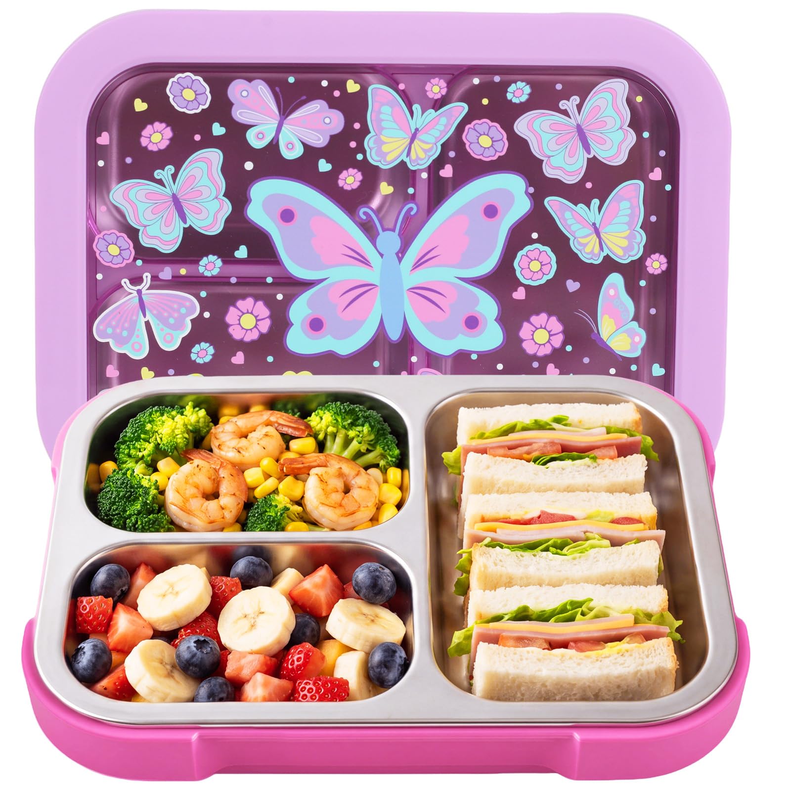 PinkSheep Edelstahl Brotdose Kinder mit 3 Fächern und Dichtring 950ml Lunchbox Personalisiert, BPA-freie, Auslaufsicher, Bento Box für Picknick Schulschüler Mittagessen Snack (Schmetterling)