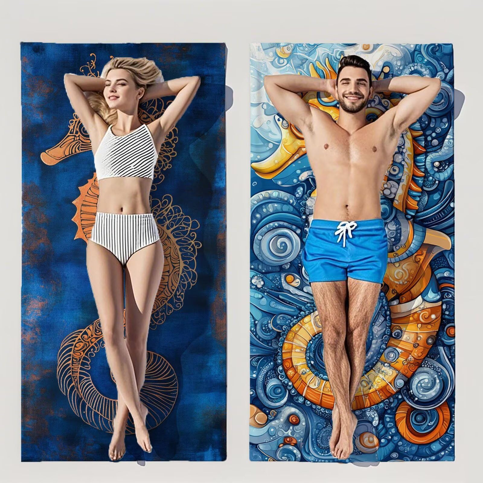 Ręczniki plażowe dla dorosłych, konik morski, ręcznik plażowy z mikrofibry, 100 x 200 cm, 2 szt., szybkoschnące, bez piasku, lekkie ręczniki kąpielowe z torbą do przechowywania, do uprawiania