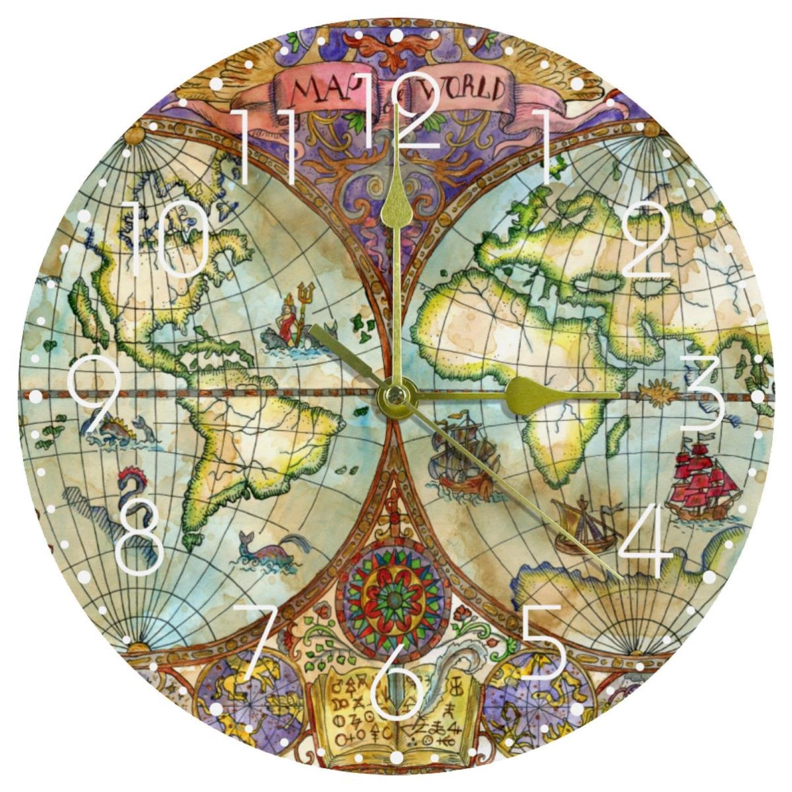 Horloge murale à piles pour chambre à coucher et salon style carte du monde océan