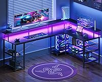 ODK 66" Reversible L-Shaped Gaming Desk with LED Lights, Power Outlets, Storage Shelves & Monitor Stand - Carbon Fiber Black