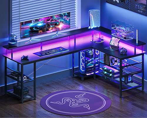 Miniatura 2 de ODK Escritorio para juegos en forma de L de 66 pulgadas con toma de corriente y luces LED, mesa de juegos de PC con textura de fibra de carbono,