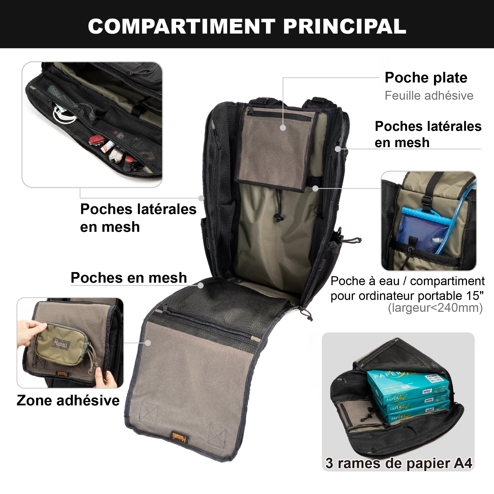 Magforce Raider Sac à Dos Tactique Militaire Molle Nylon balistique Grande capacité léger Compressible Multi-Poches extérieur Ordinateur Portable Noir Mat