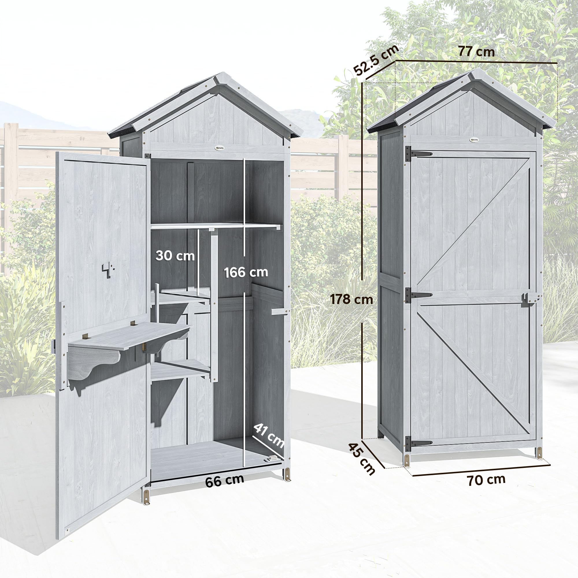 Outsunny Armadio da Giardino in Legno Abete, Casetta Attrezzi Giardino con Banco Lavoro Ribaltabile, Ripiani, Tetto Inclinato Asfalto, Capanno Porta Attrezzi per Esterno, 77x52.5x178 cm, Grigio