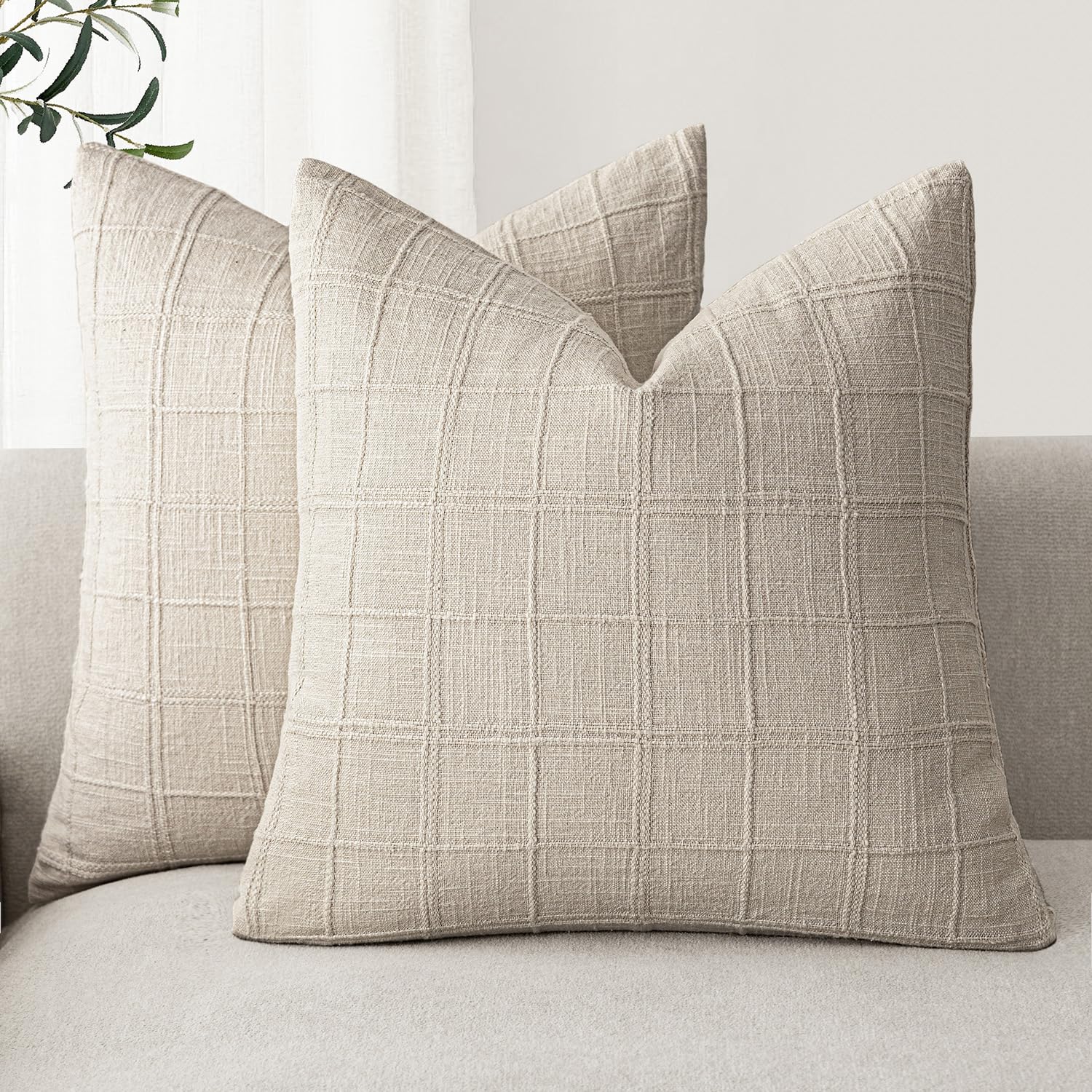 Foindtower Linen Check Decorative Throw Pillow Covers 18×18 Natural Linen