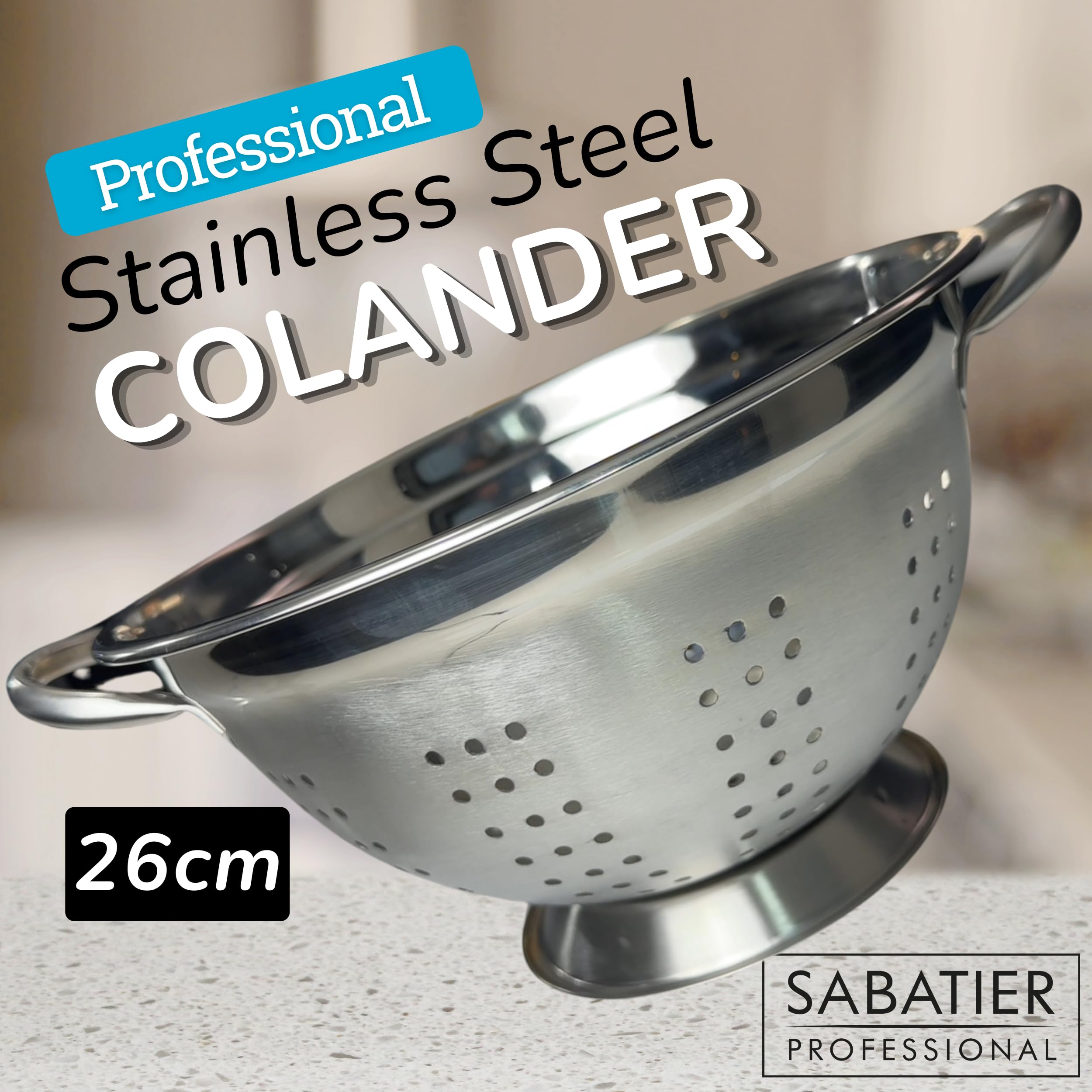 Sabatier - Scolapasta professionale in acciaio inox, resistente, durevole e lavabile in lavastoviglie. Fori fini per un facile drenaggio. Perfetto per pasta, verdure, riso e frutta. Grande diametro 26