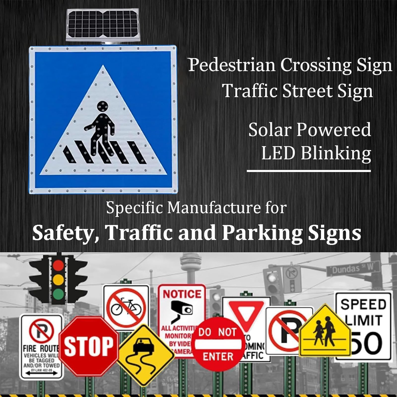 Semáforo LED, señal de Cruce peatonal LED con energía Solar - 61 x 61 cm / 76 x 76 cm - Película Reflectante de ingeniería - Señal de Advertencia de tráfico metálica Resistente a la corrosió