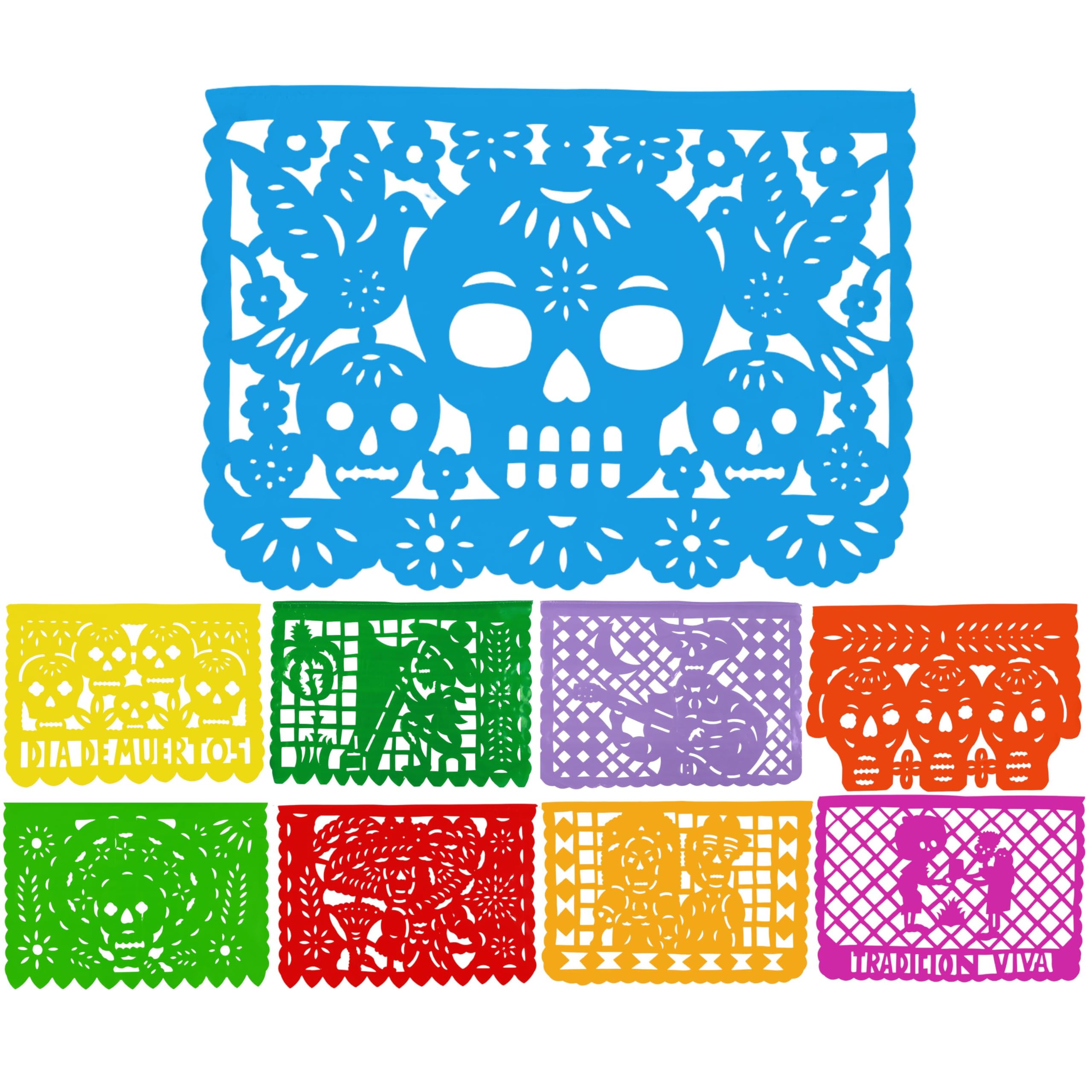 Day of The Dead Papel Picado Banner, Dia de los Muertos Decorations, Halloween Decorations - One 16-foot plastic banner with 10 extra large panels by TexMex Fun Stuff