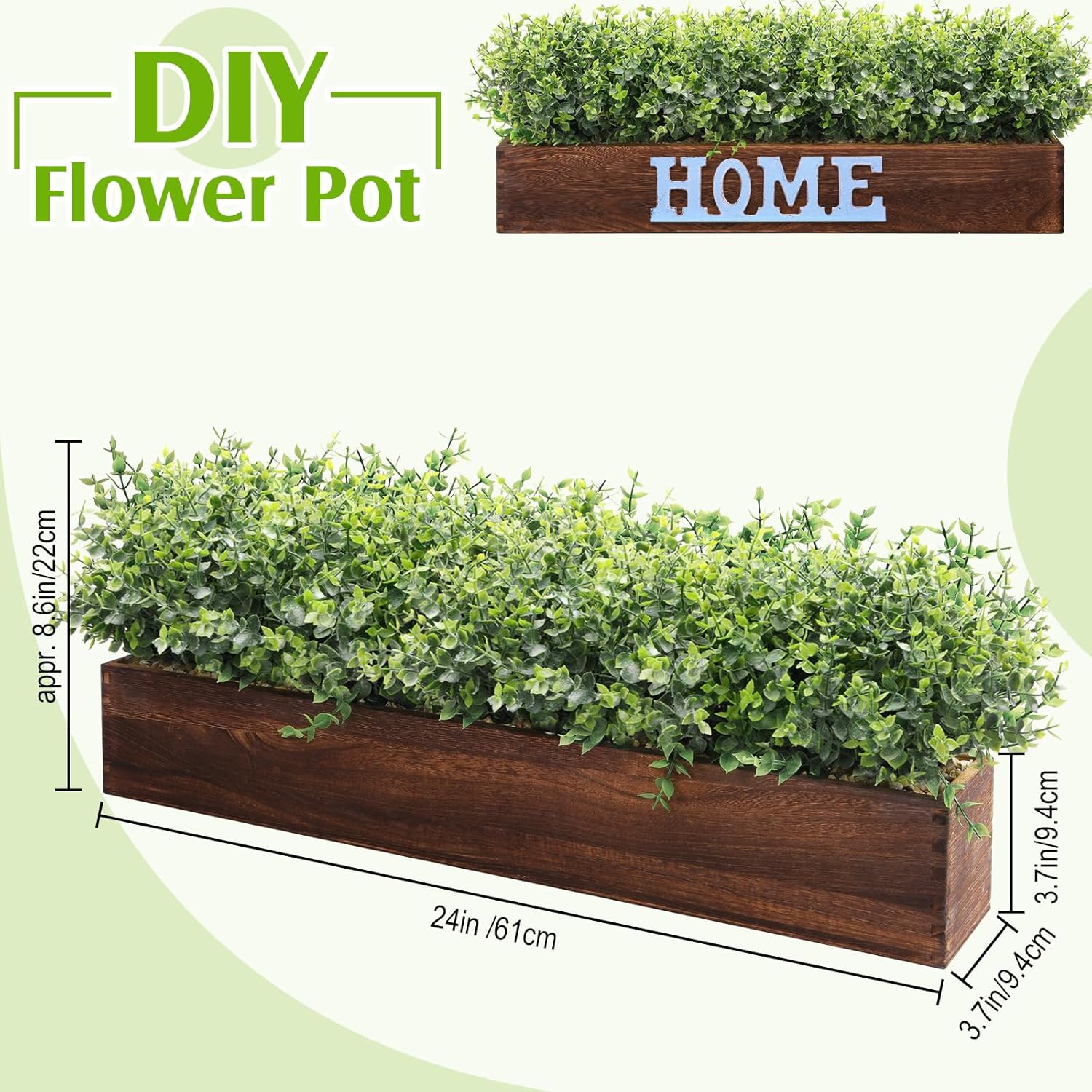 Lyrow 2 Pack Artificial Eucalyptus Plant in Rustic Rectangular Wooden Planter Box Greenery Faux Potted Herb Plant for Indoor Wedding Table Centerpiece(Green,24 x 3.7 x 3.7 Inches,Retro Style)