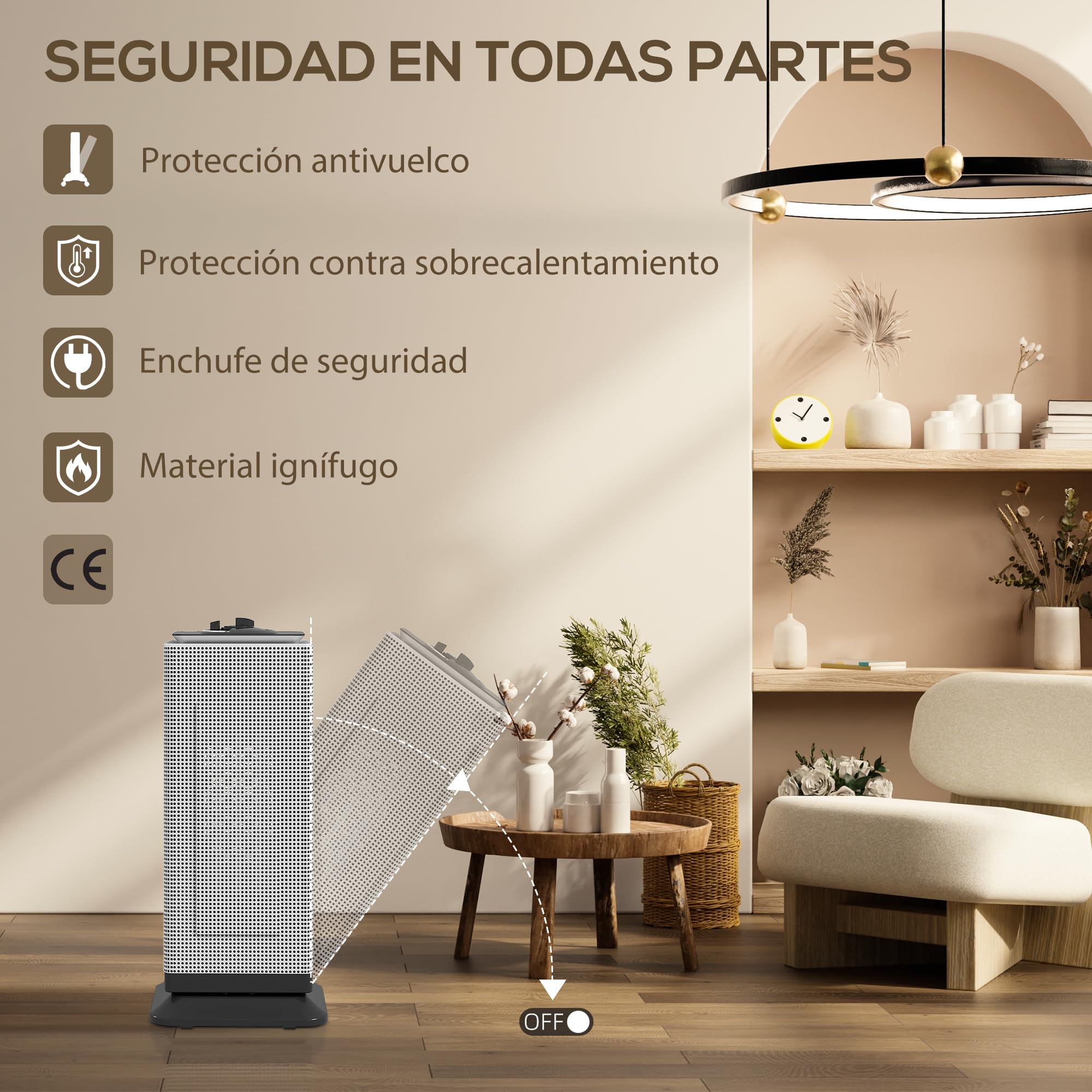 HOMCOM Calefactor Eléctrico Bajo Consumo Cerámico 2000W PTC 3 Modos Negro | Termostato Regulable, Oscilación de 55°, Protección contra Vuelcos y Sobrecalentamiento, para 15㎡ en Dormitorio