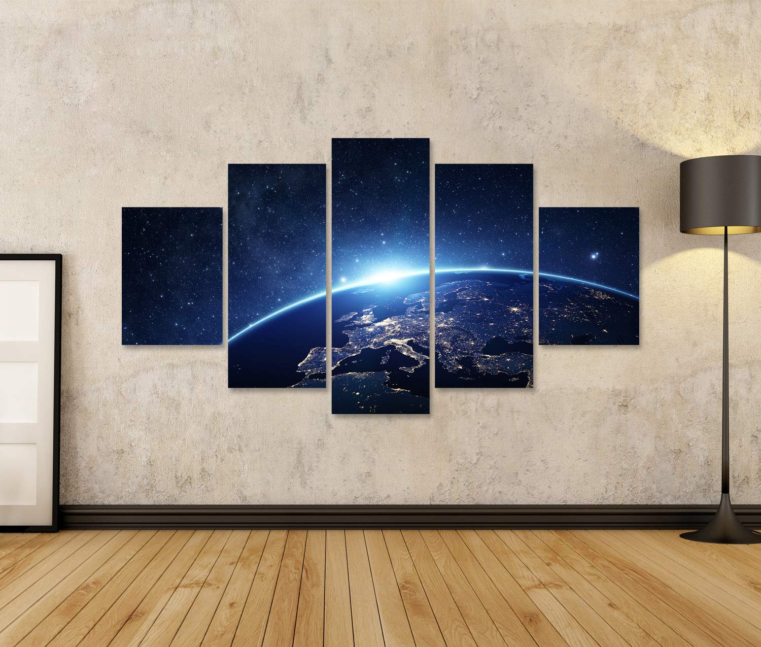 Tableau Toile 'La Terre Vue De L'espace La Nuit' - 3 Panneaux 130x80 Cm - Impression 3D Haute Qualité - Déco Murale Moderne