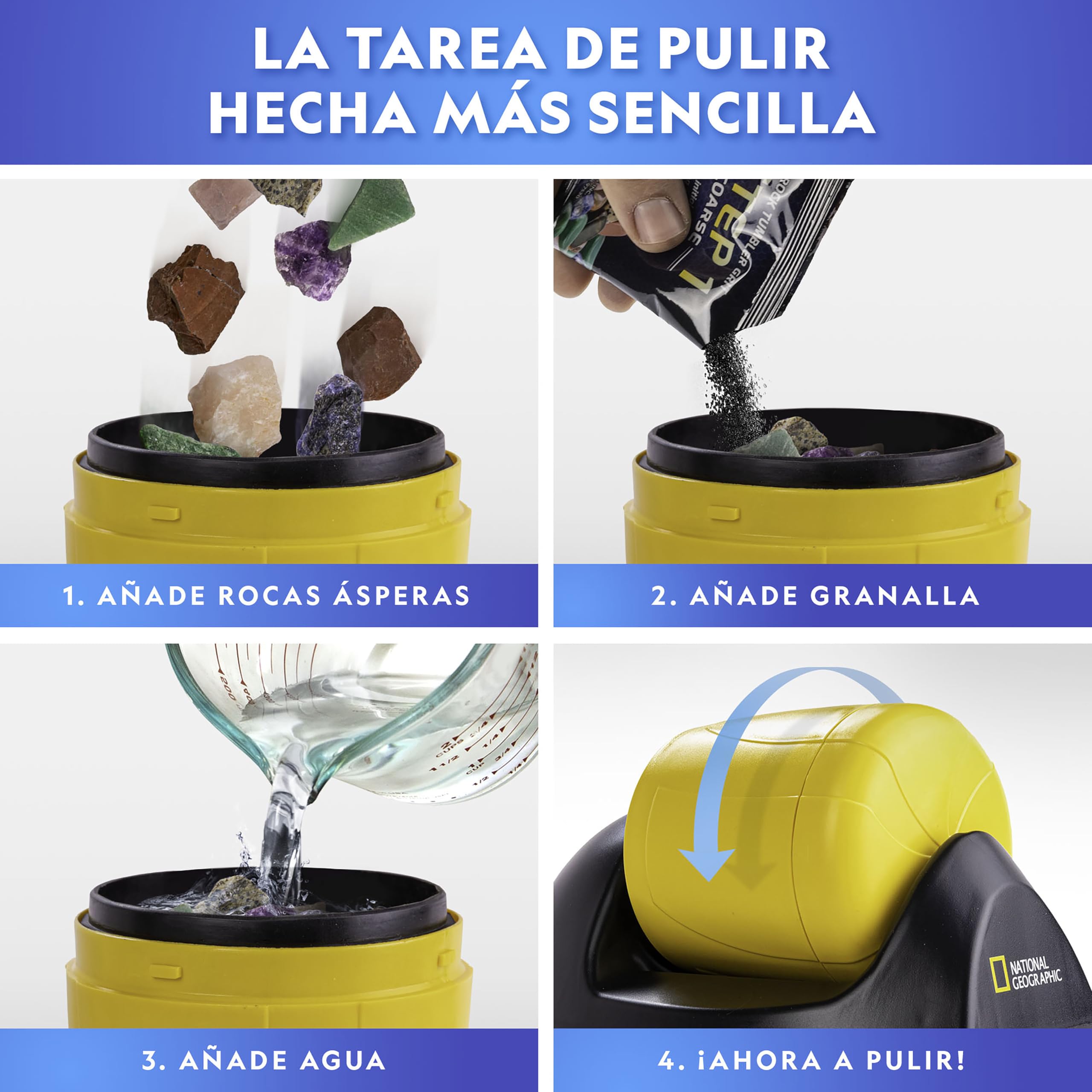 National Geographic Kit Inicial de Pulidora de Rocas – Incluye Gemas en Bruto, Grano de Pulido de Carburo de Silicio en 4 Etapas, Montajes para Joyería y Guía de Aprendizaje – Kit Científico CTIM
