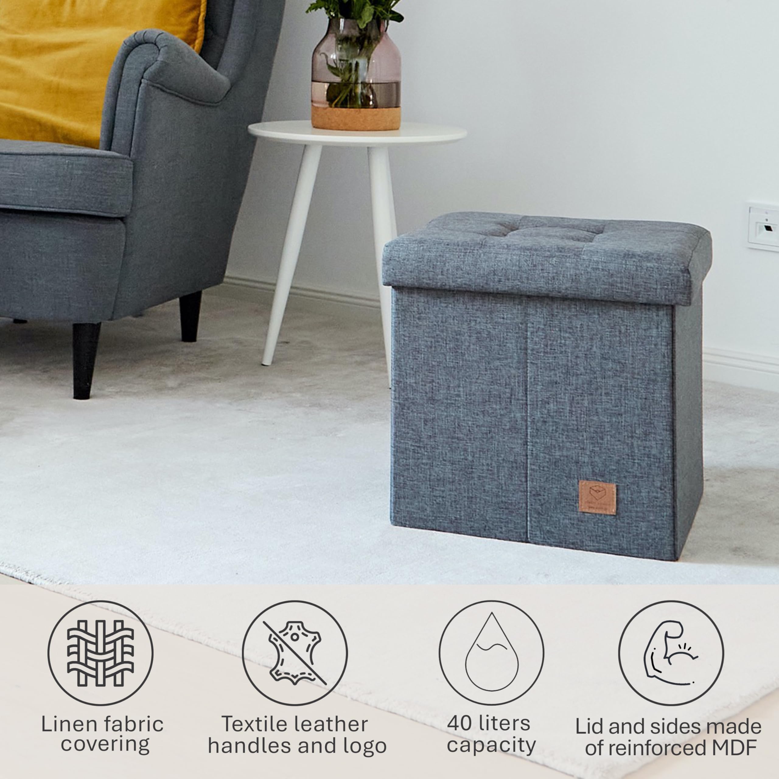 Love IT Store IT Premium 3-in-1 kruk met opbergruimte - kruk, dienblad en opbergdoos - van stof, versterkt met hout - comfortabel en stabiel - grijs - 37 x 37 x 40 cm