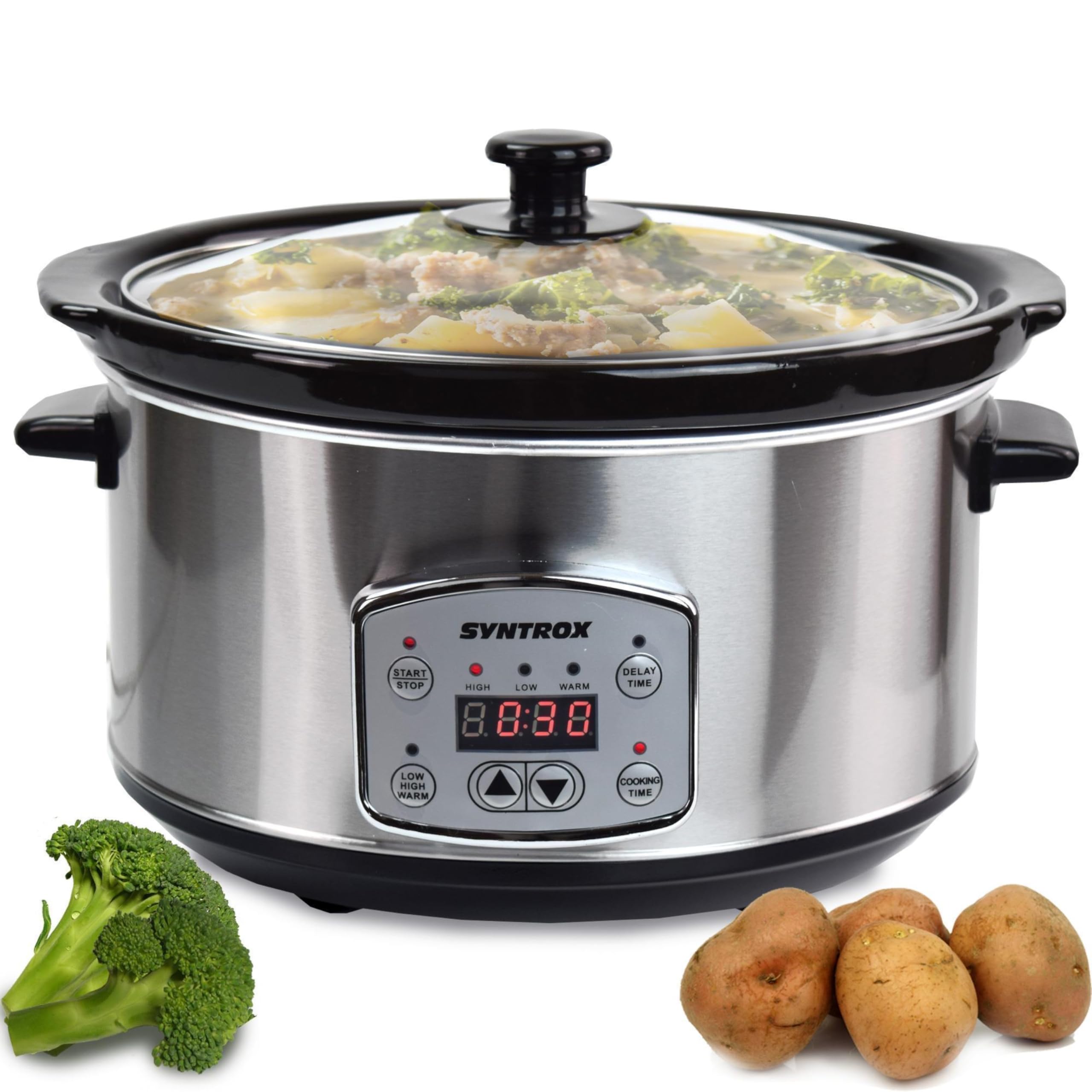 Syntrox Germany 4,5 l Slow Cooker | Schmortopf | Schongarer | Multikocher Annot, digitale Küchenuhr, Schonendes Langsamgaren, Edelstahl, Mikrowellengeeignet, Eintopfgerät