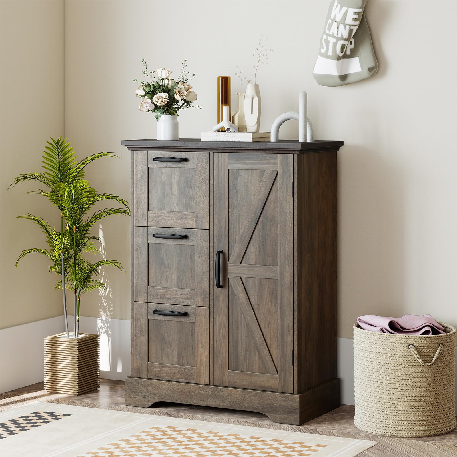 KOMFOTTEU Credenza Cucina con 3 Cassetti e Armadio con Ante, Mobile Cucina Dispensa con Kit Antiribaltamento, Mobiletto Cucina, per Soggiorno, Sala da Pranzo, 60 x 30 x 80 cm (Grigio Scuro)