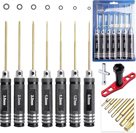 HobbyPark Hex Driver Set Allen Screwdriver Kit Titanium 0.9mm/1.27mm/1.3mm/1.5mm/2.0mm/2.5mm/3.0mm Small and 17mm Wrench Set RC Car Tools Kit