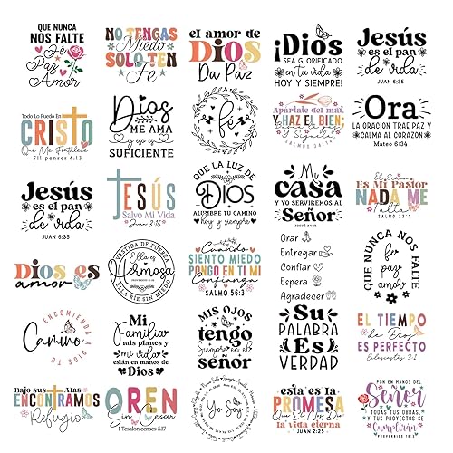 Shejdgart Dtf Transfers Ready to Press - 30 Pcs Spanish Bible Verse Iron on Patches for T-Shirts, Colorful Inspirational Iron on Stickers Heat Transfer Vinyl Decals for DIY Fabric Clothes Decor