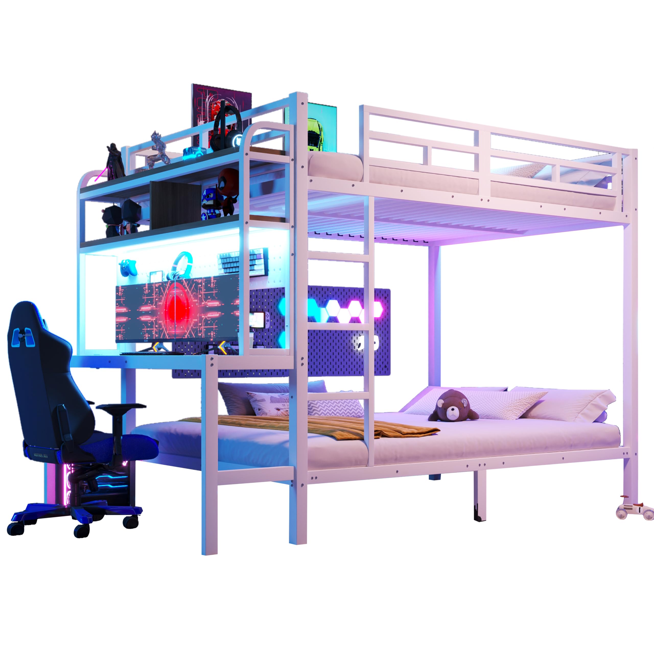 Azkoeesy Letto a Castello Gaming 140x200 cm in Metallo con Scrivania e Mensole, Luce LED, Prese USB ed Elettriche, Matrimoniale per Adolescenti e Adulti, Struttura Resistente e Durevole, Bianco