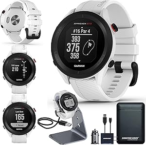 Garmin Approach S12 Golf Smartwatch with Accessories for Enhanced Golf Performance Garmin Approach S12 golf smartwatch in white showcasing golf-specific features and accessories like charging dock, USB cable, portable power bank, and car charger