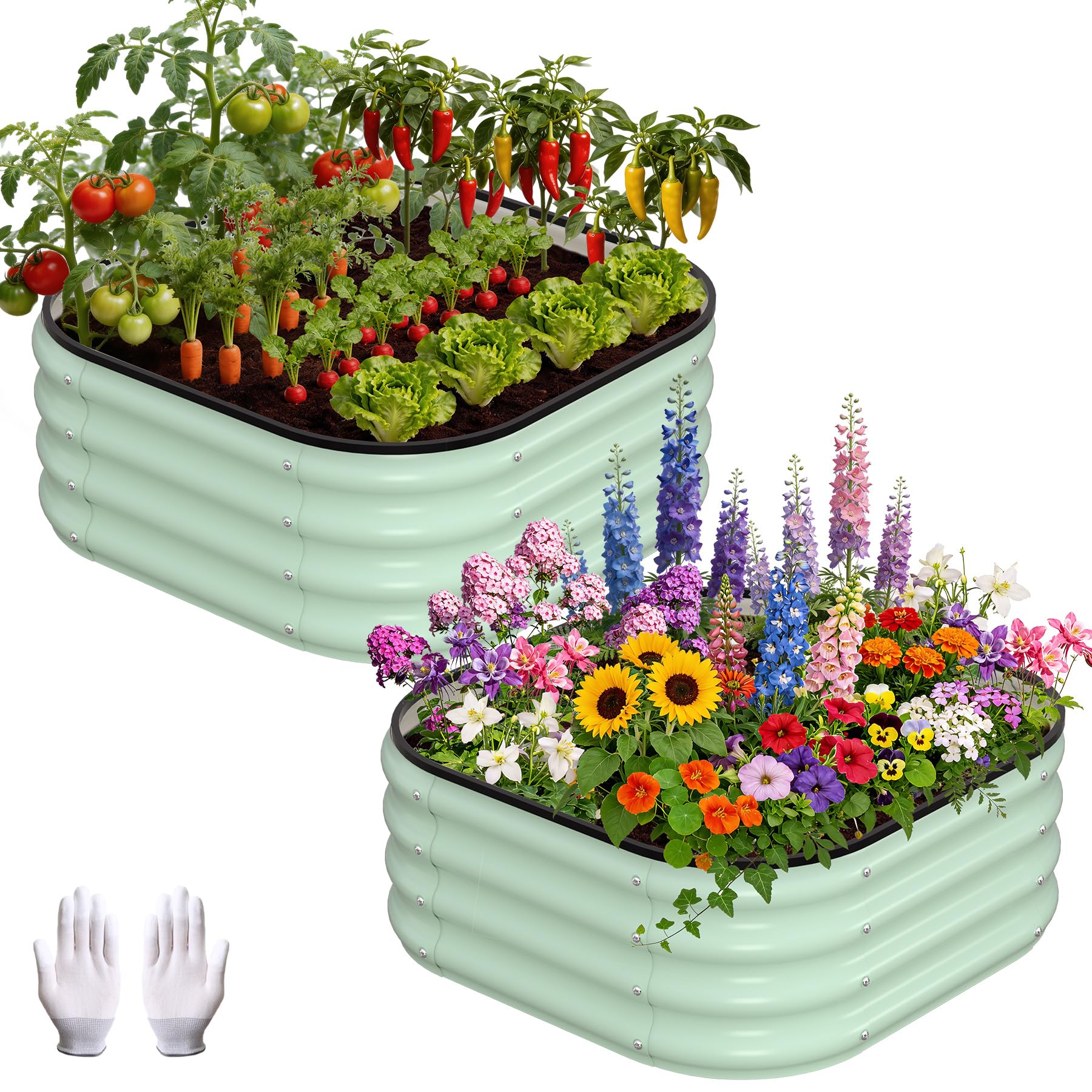 GarveeMore Galvanized Raised Garden Bed, 2Pcs Raised Garden Beds Outdoor, Squircle Planter Raised Beds with Gloves and Rubber Edge Trim for Vegetables, Flowers and Herbs, 60x60x30 cm, Green