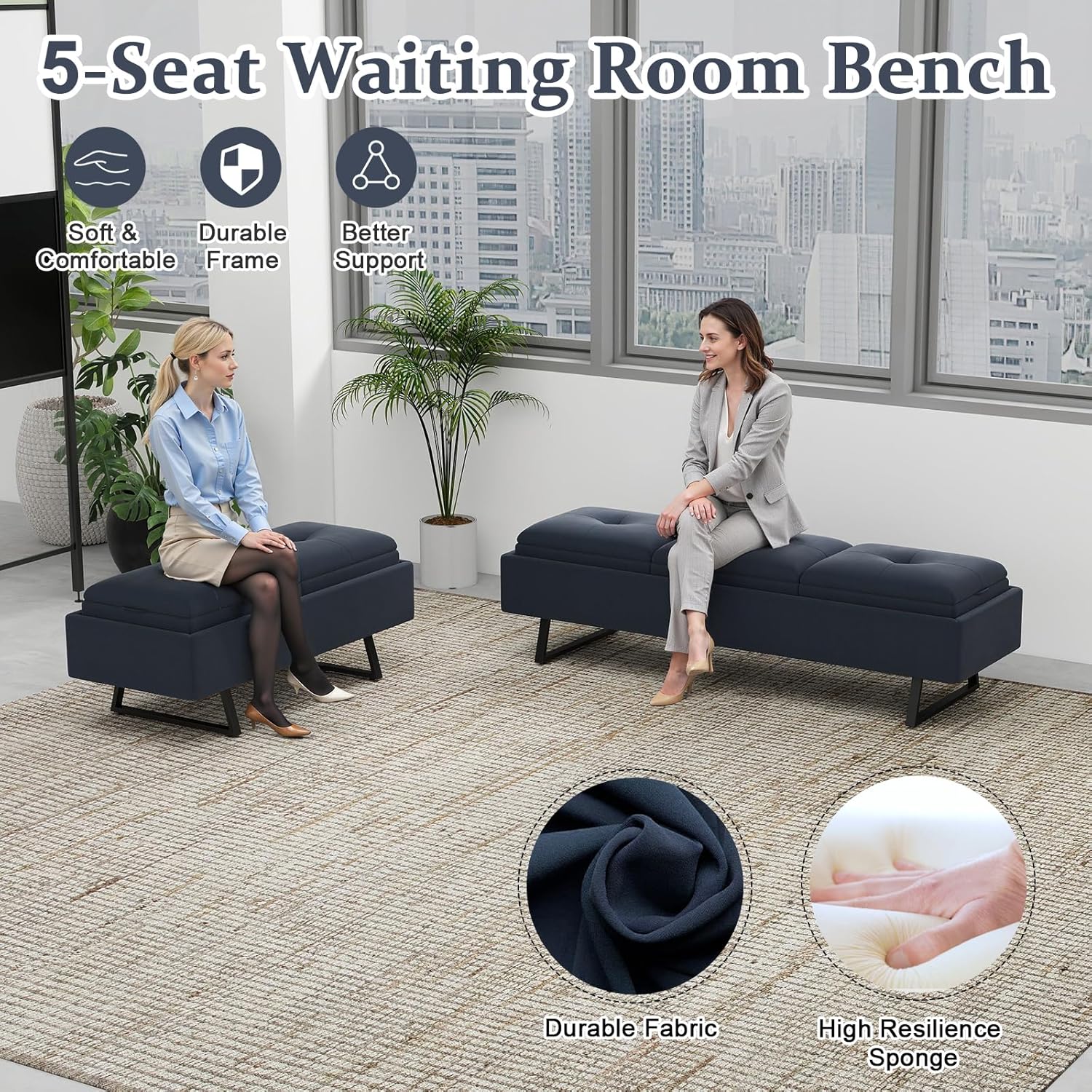kinbor Waiting Room Chairs - Fabric Office Guest Chair, 5 Seats Upholstered Reception Bench Seating, Lobby Furniture for Salon and Shop, End of Bed Bench for Bedroom, Living Room, Hallway, Navy Blue