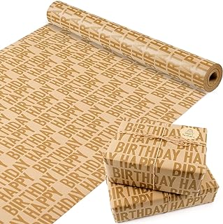 Birthday Wrapping Paper Roll, Brown Kraft Gift Wrapping Paper Jumbo Roll, Gold Happy Birthday Wrapping Paper Set Brown Wrapping Paper for Boys Men Women Girls Birthday, 17x590 inch (70 sq. ft.)