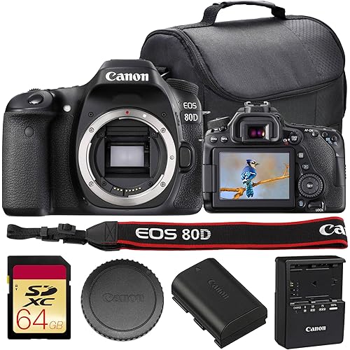 Canon EOS 80D DSLR Camera Bundle | 24.2MP APS-C Sensor, Dual Pixel CMOS AF, DIGIC 6 Processor & Vari-Angle Touchscreen | Great for Video & Vlogging (1263C004) + 64GB Card + Camera Bag