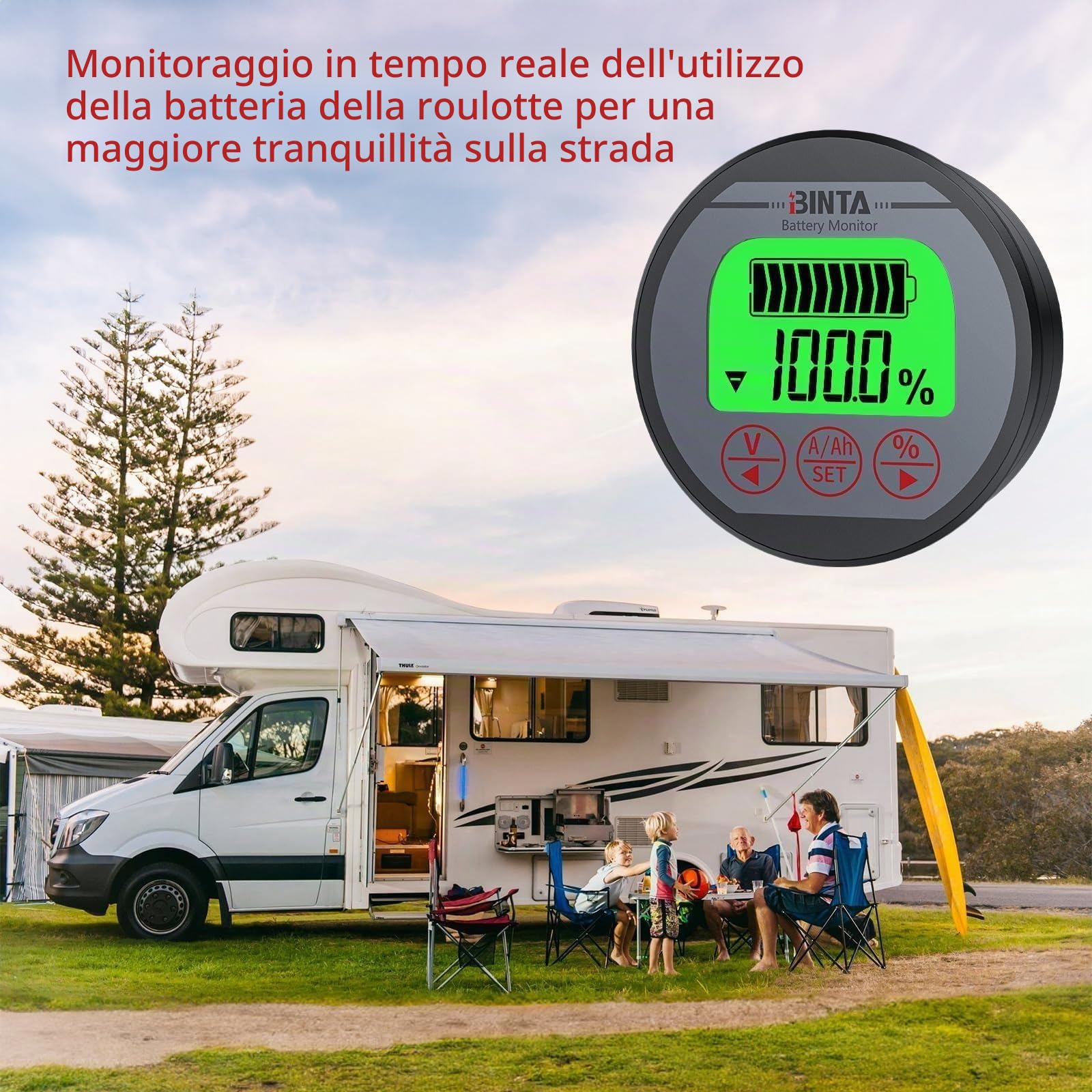 BINTA Monitor Batteria,Retroilluminato Indicatore di Livello della Batteria 8-120V 500A Tensione Impermeabile per Camper/RV/Auto/Barche/Solare con 3m Cavo Schermato,linea Positiva