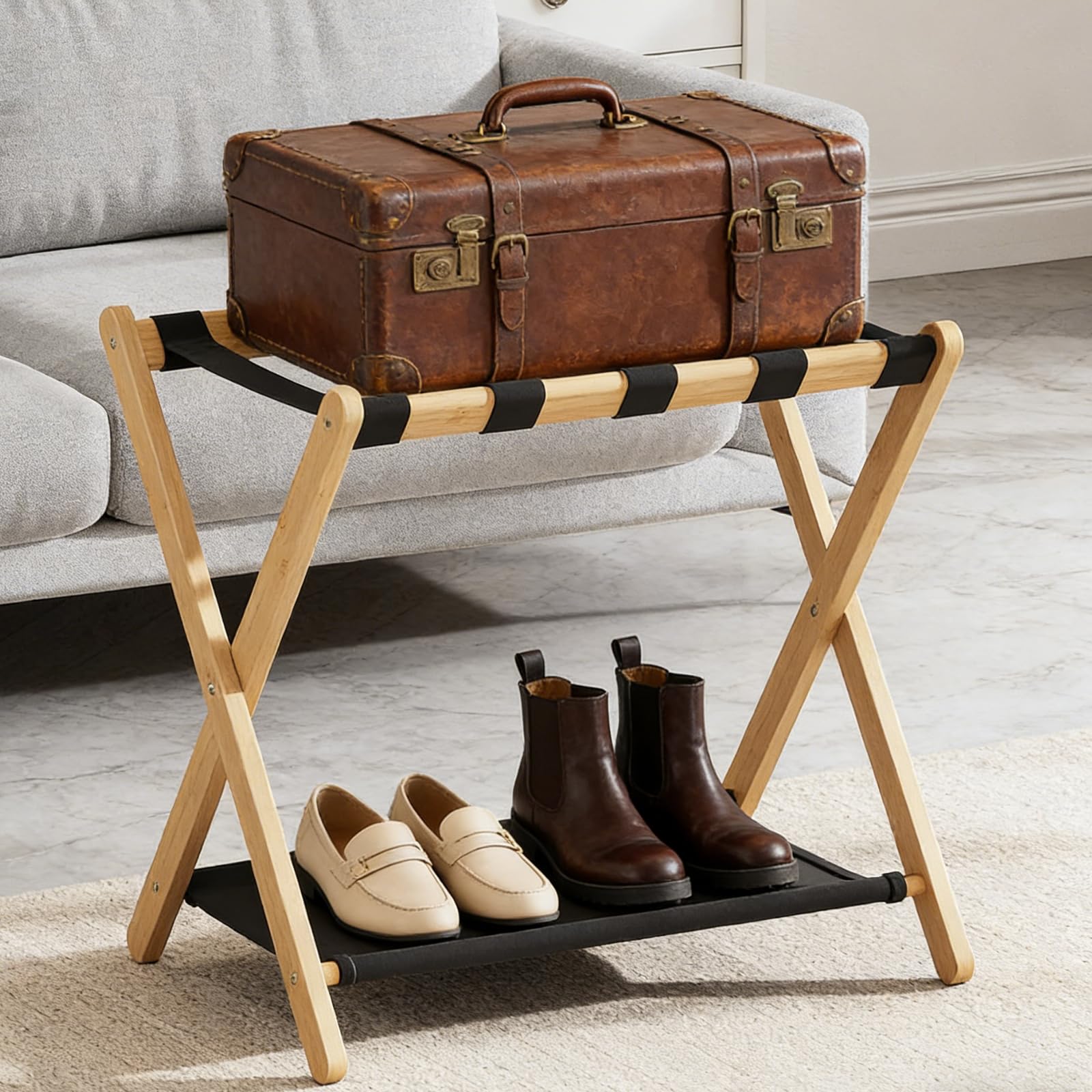 Portaequipajes de madera, soporte plegable de bambú natural con estante de almacenamiento para habitación de invitados, dormitorio, sala de estar de hotel, 5 correas de nailon, resistente, se