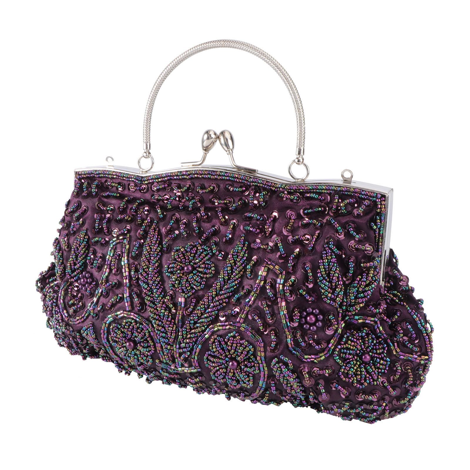 Bolso de Mano de Noche para Mujer Bordado Hecho a Mano y Perlas Artificiales, Bolso Retro para Fiesta o Cena Elegante, Estilo Vintage Púrpura