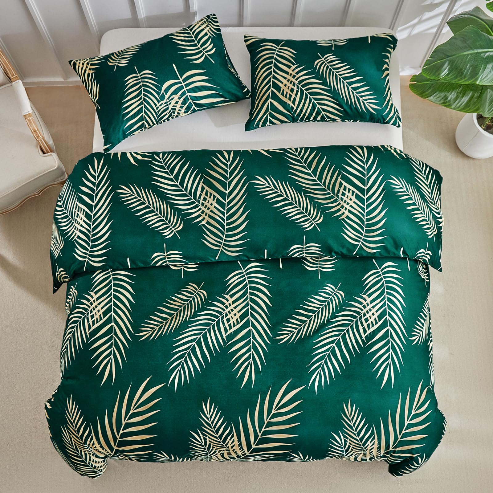 Copripiumino Tokokimo 3 Pezzi Per Letto 135/150 – 230x220 Cm, Microfibra Con Fantasia Rami E Foglie, Verde