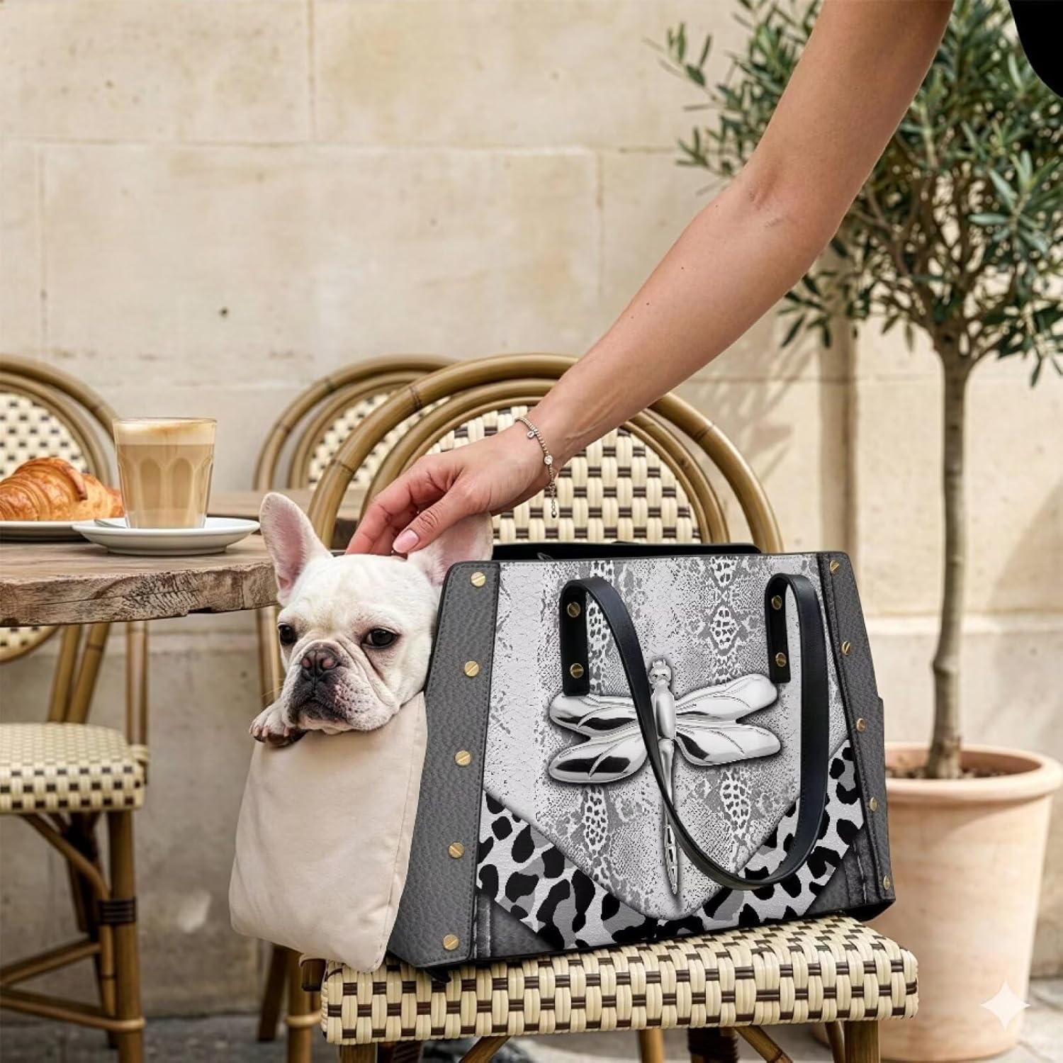 COEQINE Dog Purse Carrier for Small Dogs 15 Pounds Luxurious Leather Dragonfly Leopard Print Gray Small Dogs Carrier Sling Bag Bags for Travel Leather Tote Bag for Women with Pet Holiday Shopping