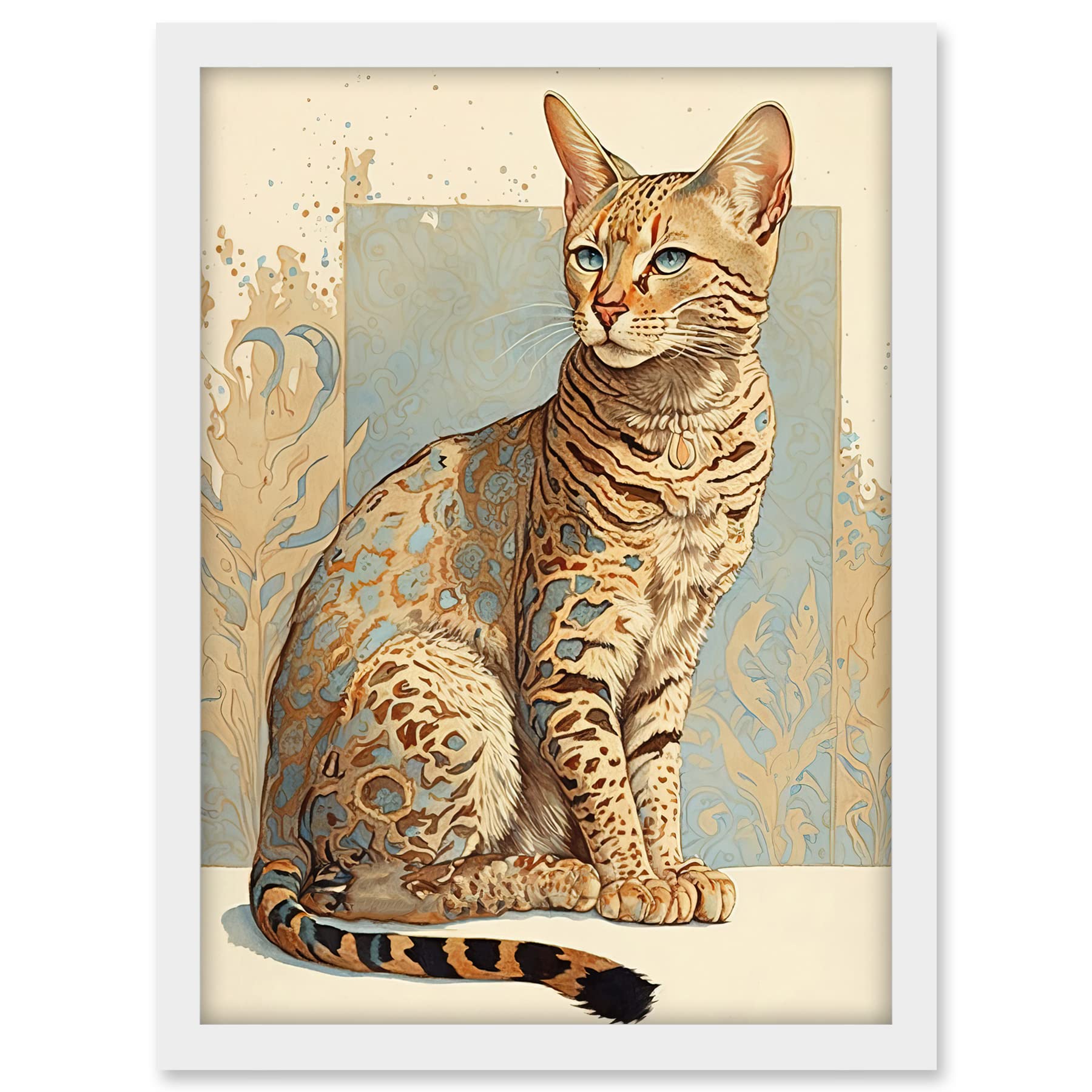 Artery8 Ocicat Cat with Turquoise Rosette Pattern Fur Modern Watercolour Illustration Artwork Framed A3 Wall Art Print