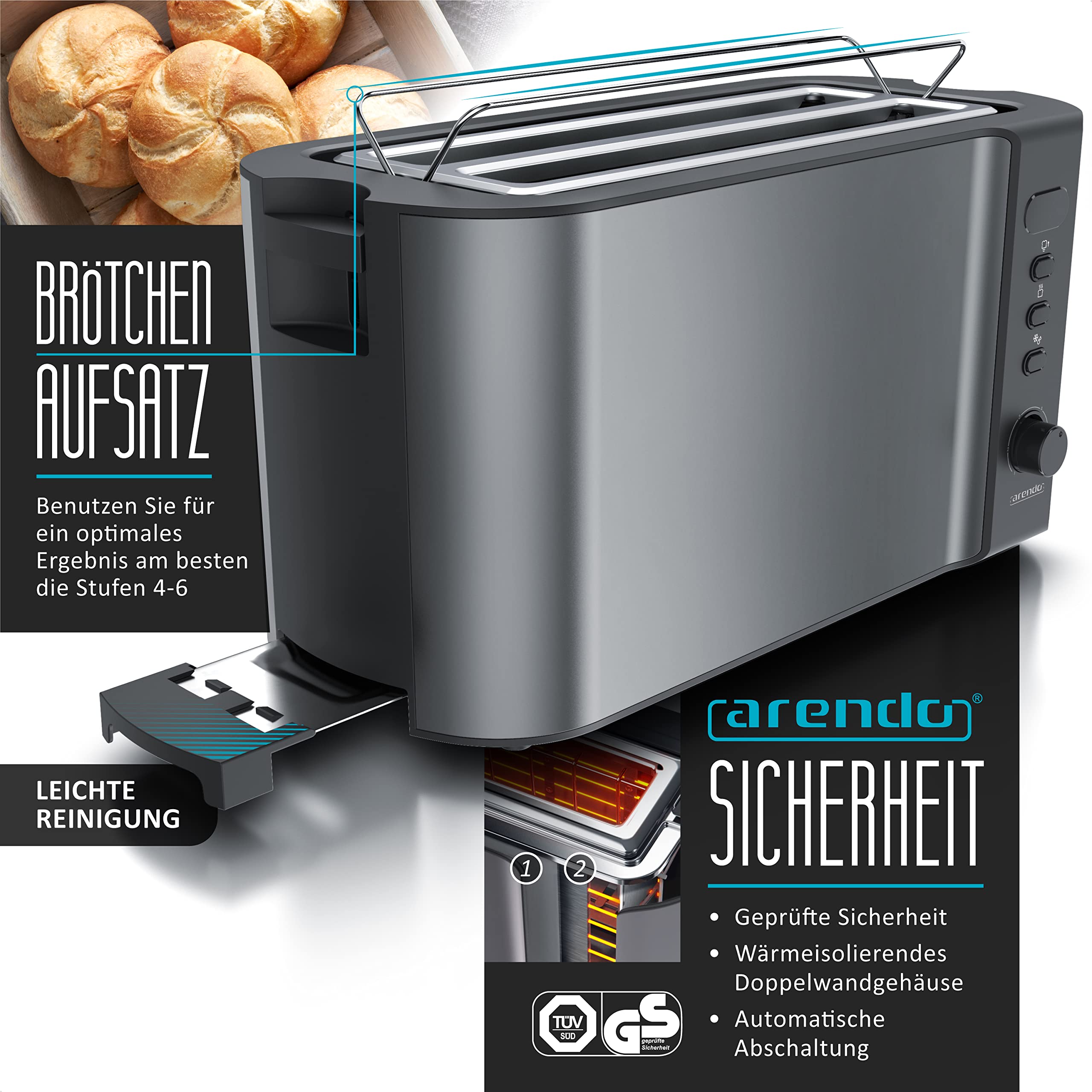 Arendo Wasserkocher Toaster Eierkocher Set Edelstahl Grau 1,5L 40-100°C 4 Scheiben LED 6 Bräunungsgrade 1-7 Eier