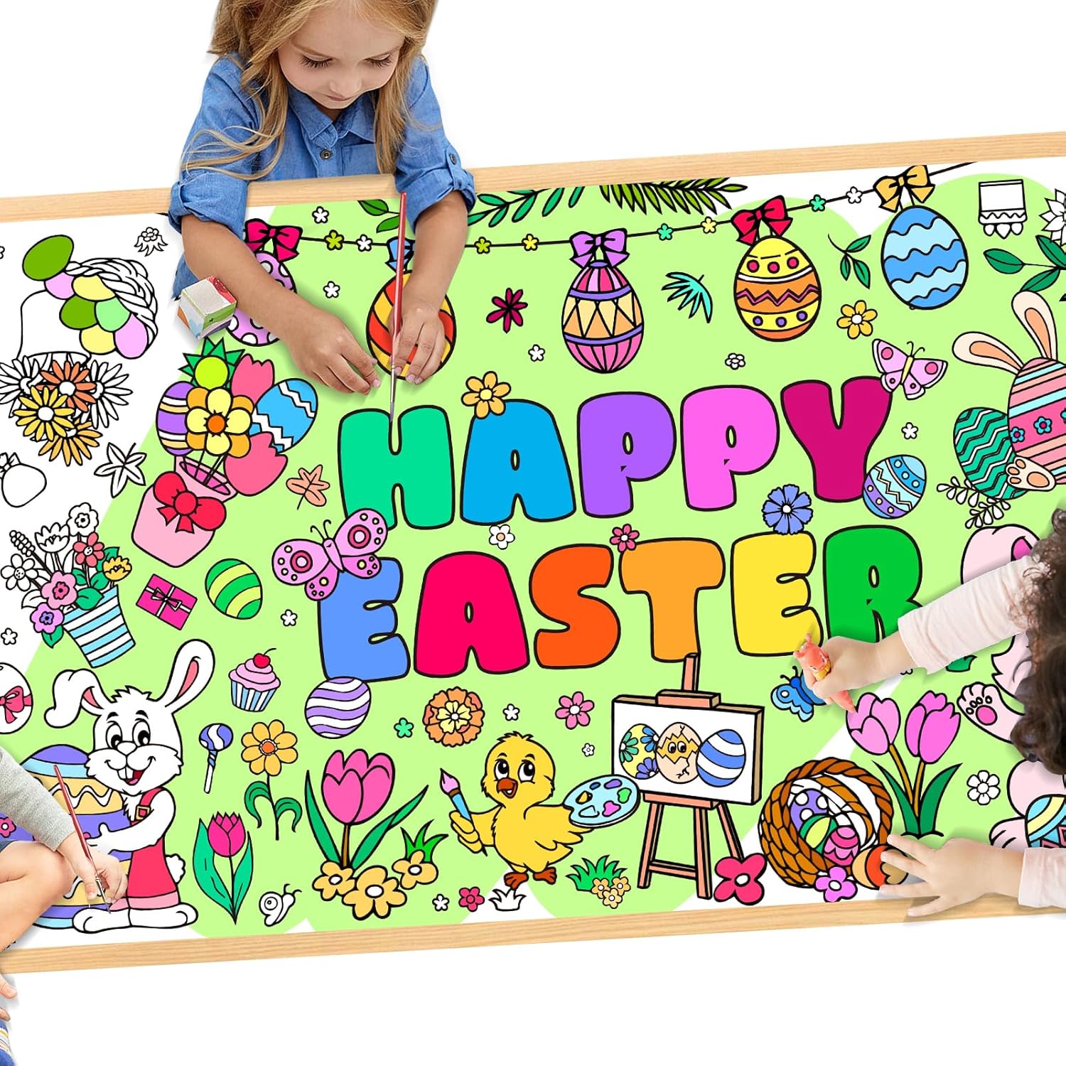 Easter Giant Coloring Poster 30x72 inches, Happy Easter Coloring Tablecloth for Party Decoration, Paper Crafts and Painting Games Activities for Classroom or Home