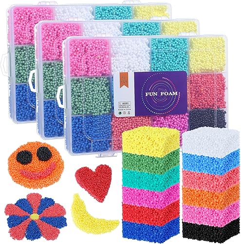 RoundFunny Kit de juego de 36 bloques de cuentas de espuma de modelado, 12 colores, espuma divertida con recipiente reutilizable, cuentas de espuma,