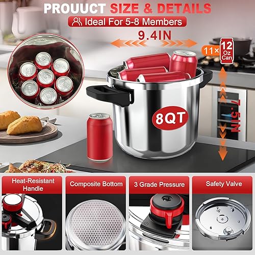 Miniatura 7 de Olla de presión de acero inoxidable 3 en 1 de 8 QT: [Ahorra 70% de tiempo] [3 configuraciones de PSI], bloqueo con una mano, compatible con