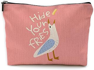 Seagull Beach Makeup Bag, Coastal Beach Canvas Cosmetic Bags Toiletry Bag, Bird Lover Gifts, Ocean Gifts for Women, Funny Seagull Pink Makeup Pouch